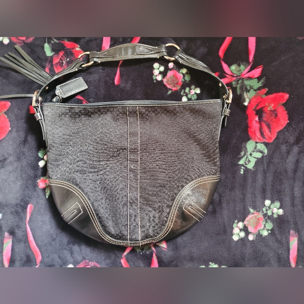 Coach Signature Black Hobo Shoulder Bag w/ tassel